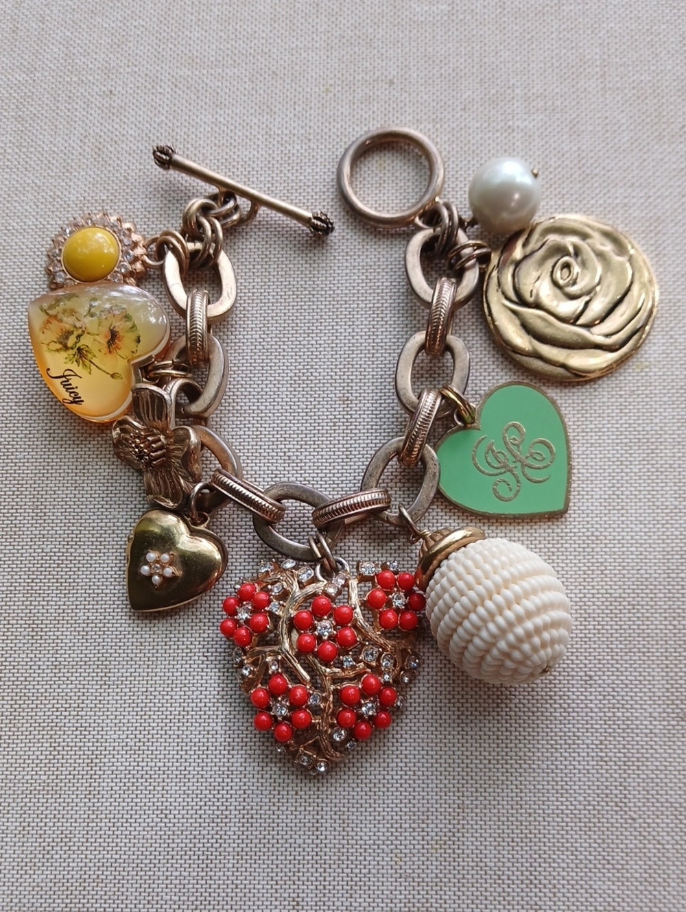 Vintage Juicy Couture Y2K Heart Charm Bracelet with Red and Ivory Accents